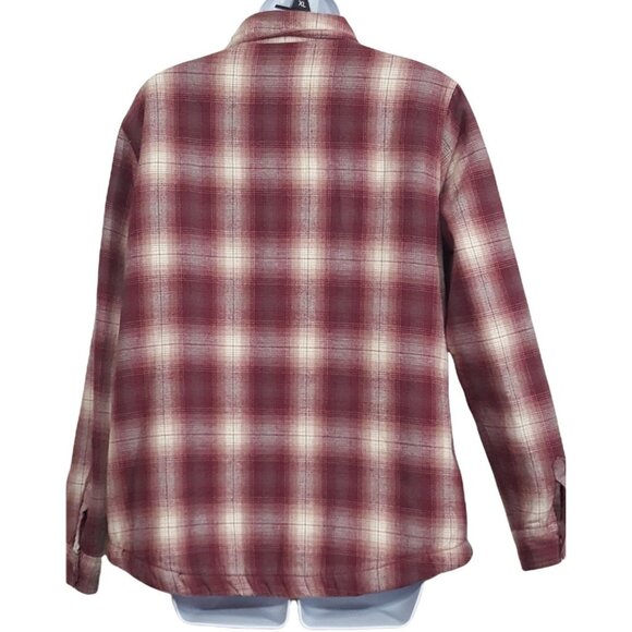 Bit & Bridle Sherpa Lined Flannel Shacket Womens M Red Plaid Snap Button Long Sl - Picture 3 of 6